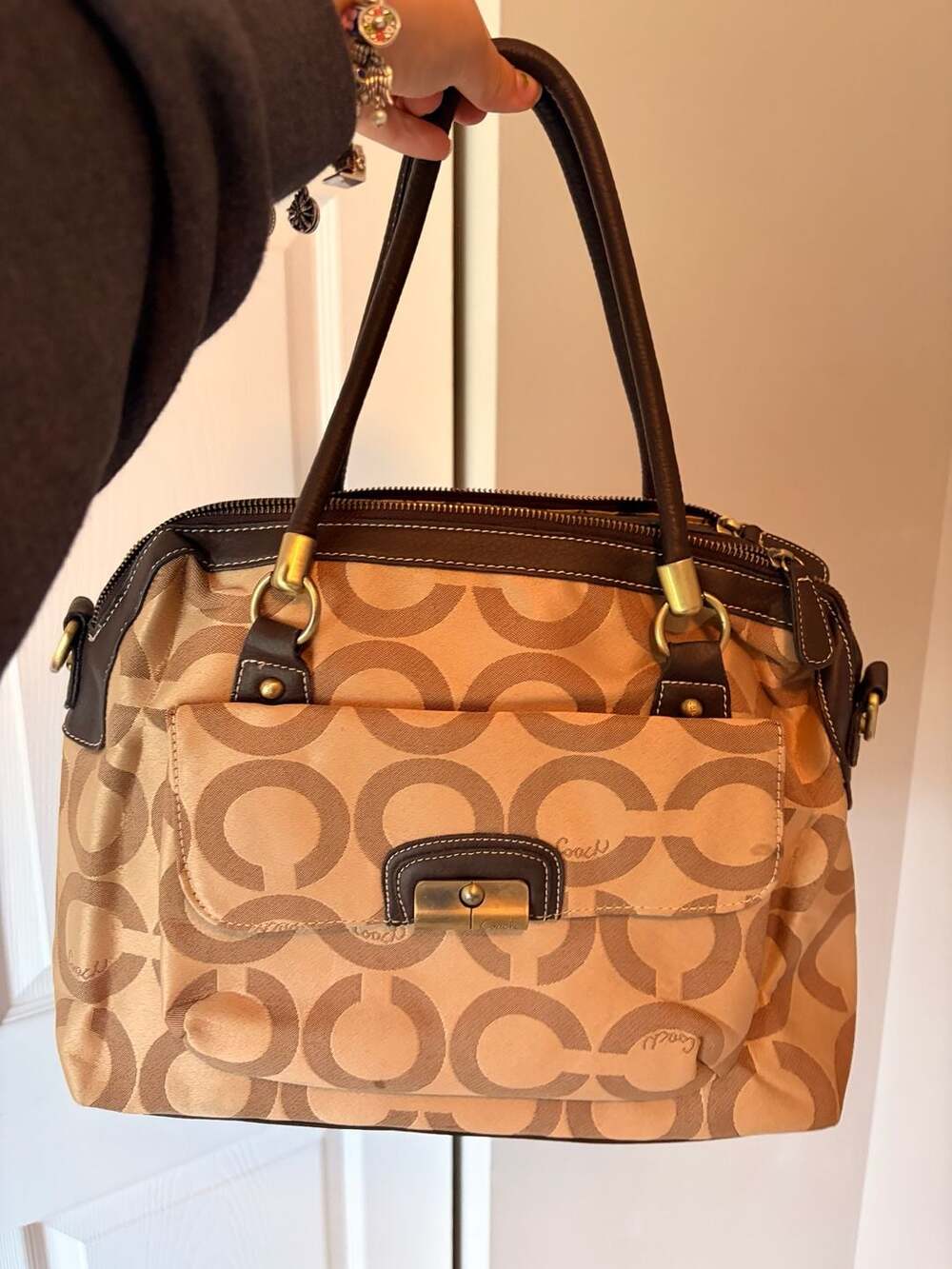 Coach Signature Op Art Satchel Shoulder Bag with Brown Leather Trim